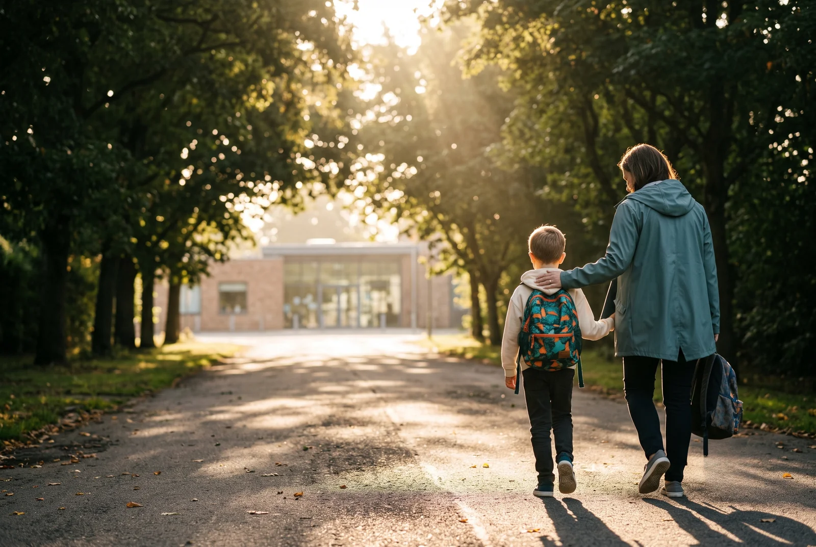 Ein Elternteil begleitet sein Kind morgens zur Schule