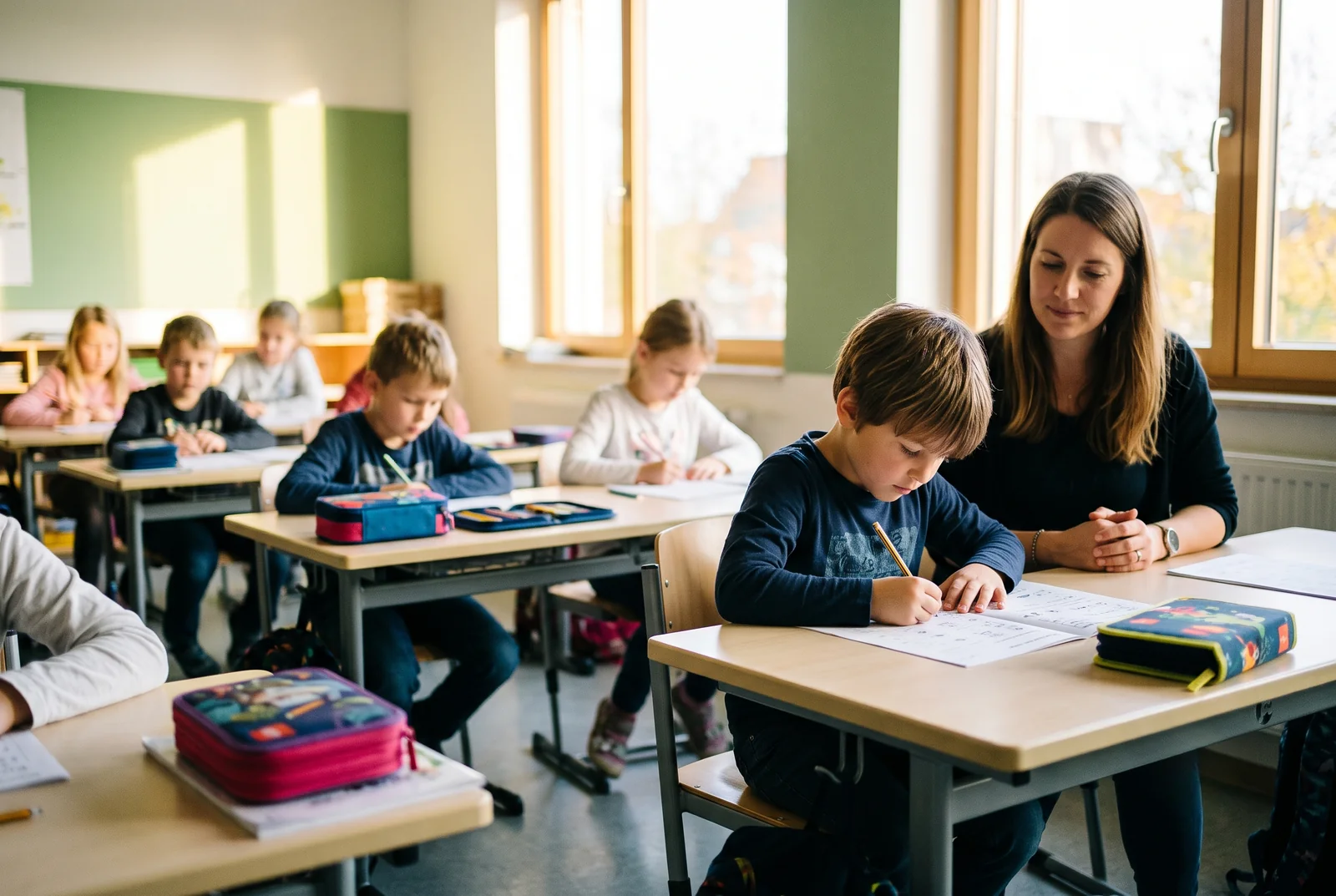 Ein Kind arbeitet im Unterricht, die Schulbegleitung sitzt zurückhaltend daneben
