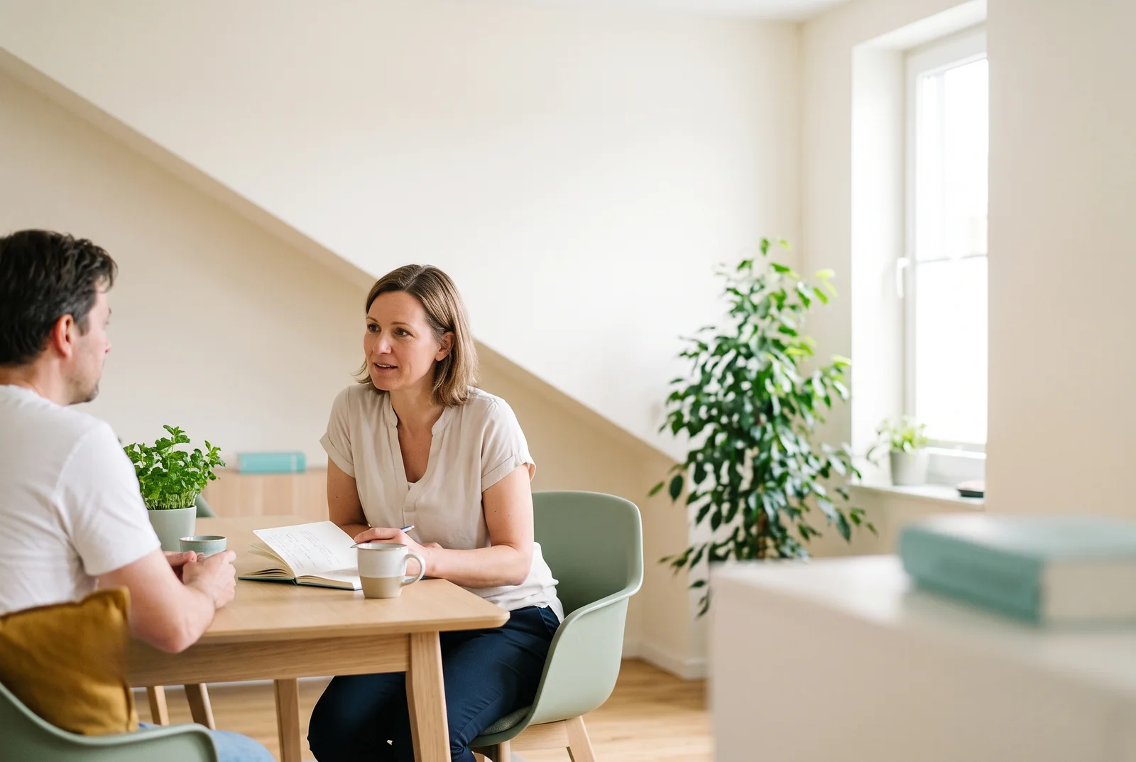 Beratungsgespräch mit einem Elternteil an einem Tisch