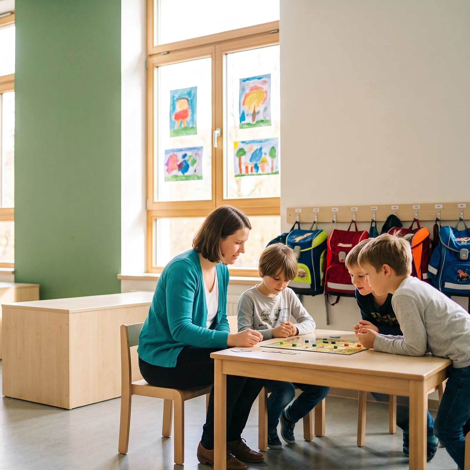 Betreuungskraft begleitet zwei Kinder bei einem Tischspiel