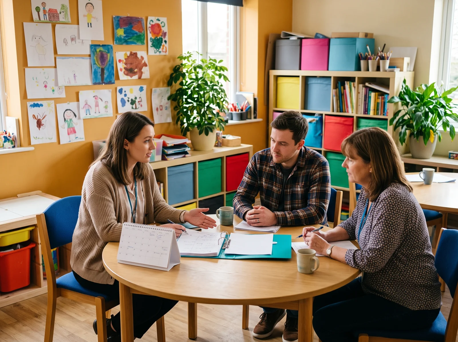 Fachkraft, Elternteil und Lehrkraft besprechen sich an einem Tisch