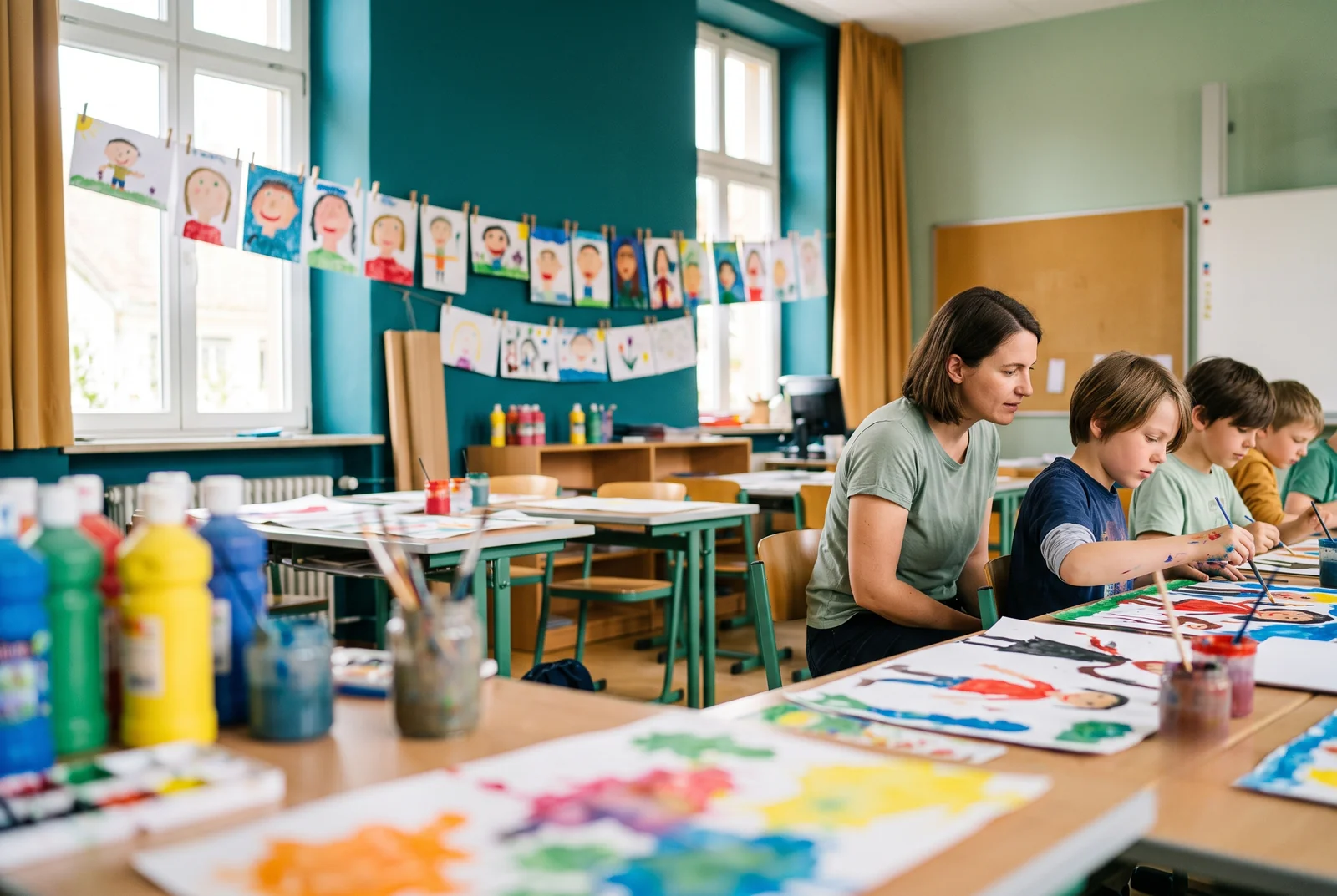 Schulbegleiterin unterstützt Kinder im Kunstunterricht der Grundschule