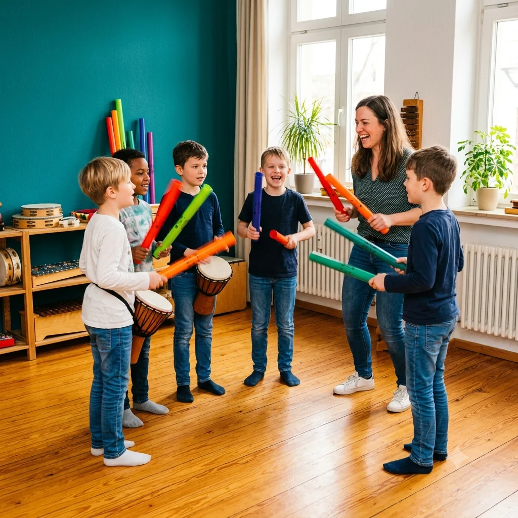 Kinder und Schulbegleiterin musizieren gemeinsam mit Klangröhren