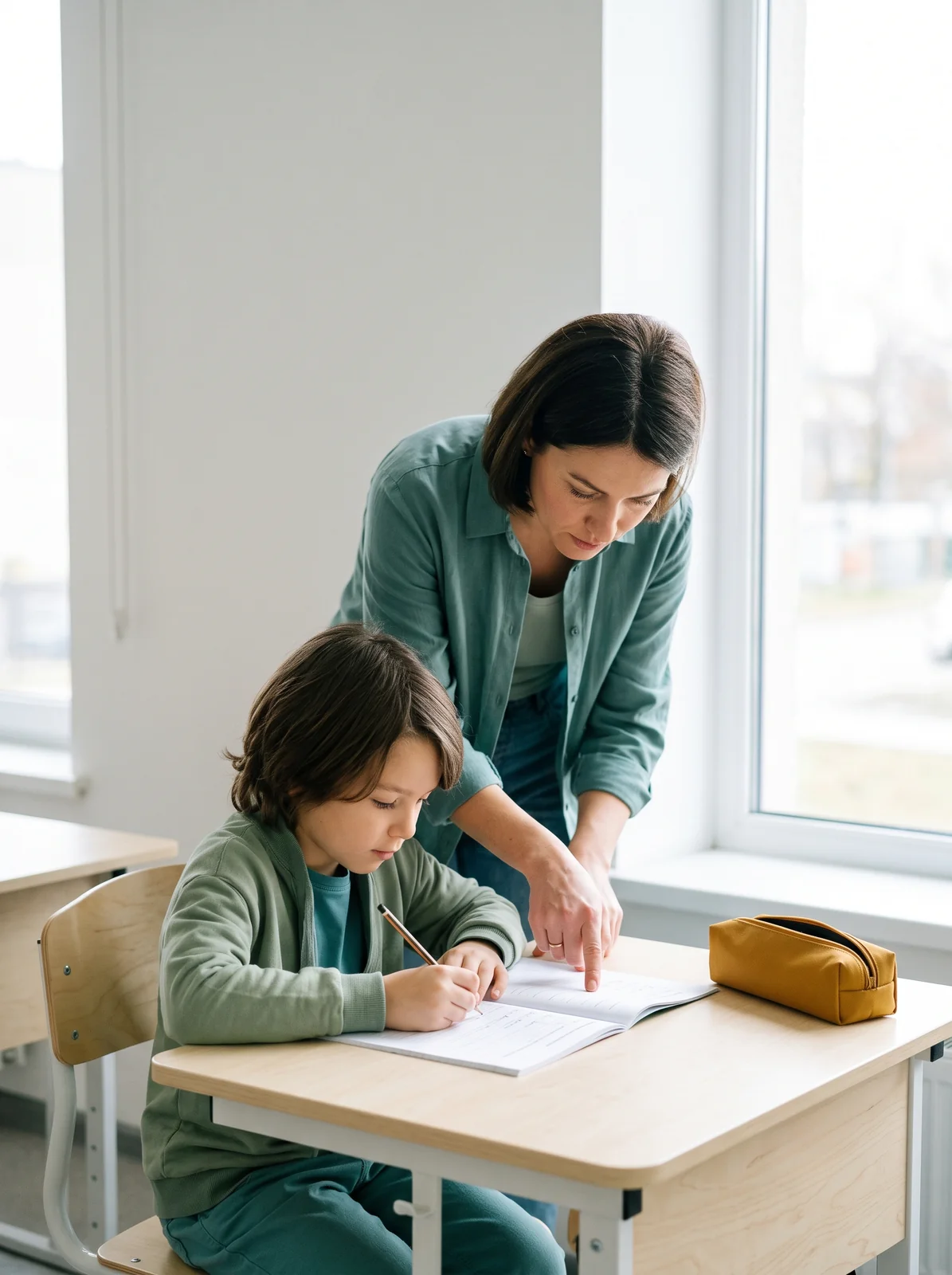 Schulbegleitung unterstützt ein Kind am Tisch bei einer Aufgabe