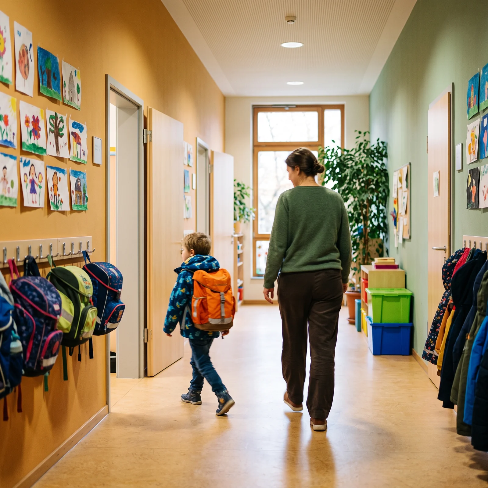 Ein Kind geht mit Ranzen voraus, die Schulbegleitung folgt mit Abstand