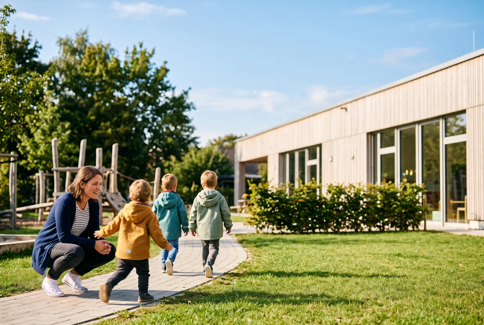 Ein Kind geht auf andere Kinder zu, die Betreuungskraft bleibt auf Augenhöhe daneben
