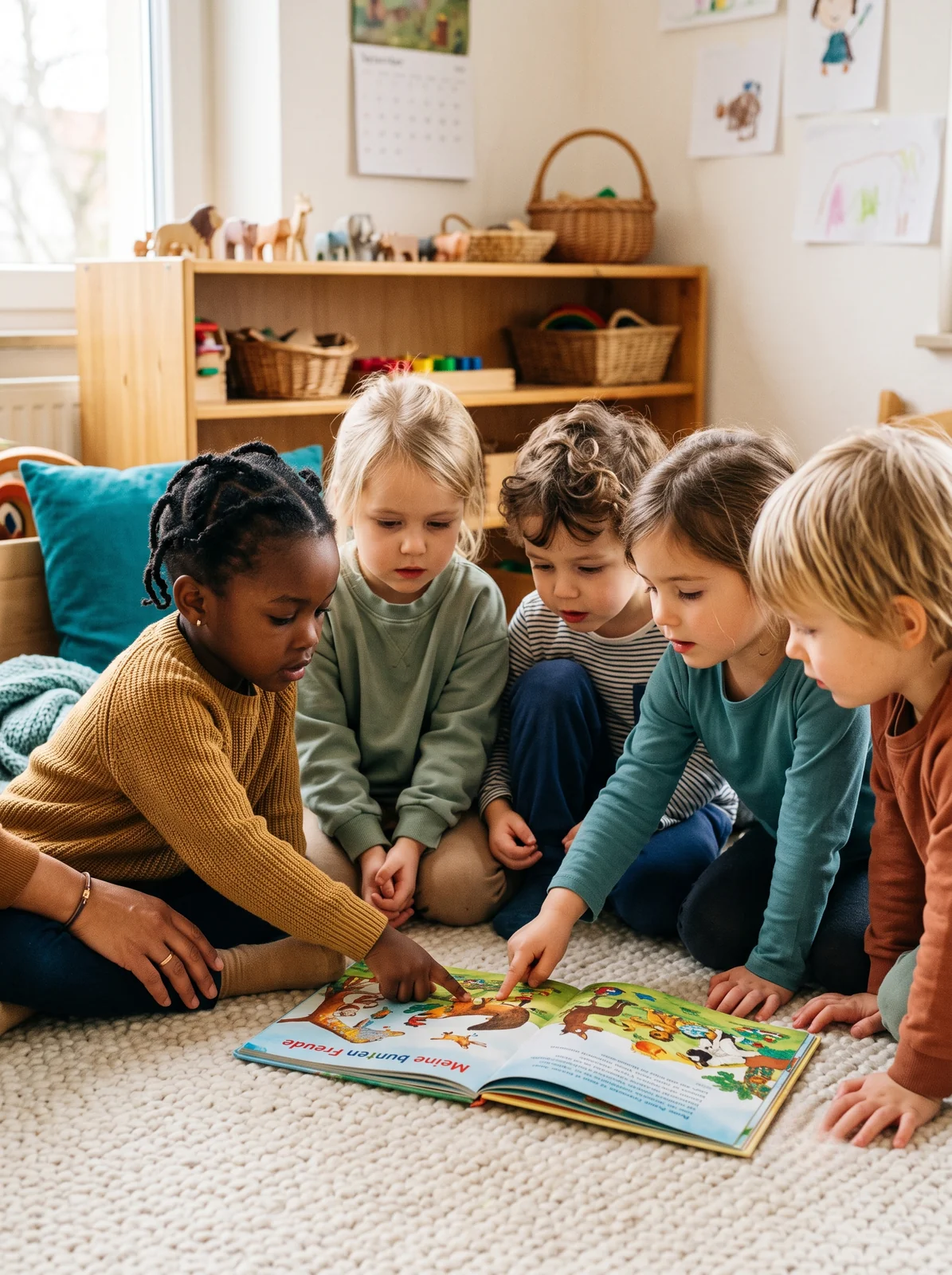 Kinder unterschiedlicher Herkunft schauen gemeinsam in ein Bilderbuch