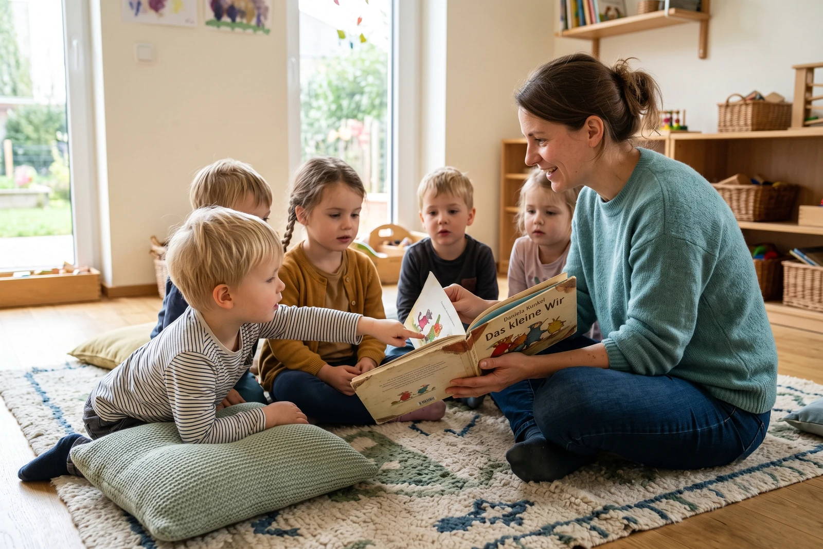 Vorlesen im Sitzkreis — die Betreuungskraft sitzt auf Augenhöhe bei den Kindern
